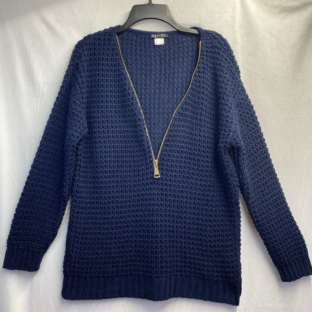 Venus Open Knit Long Sleeve Zipper V-Neck Pullover Sweater Women Large Navy Used